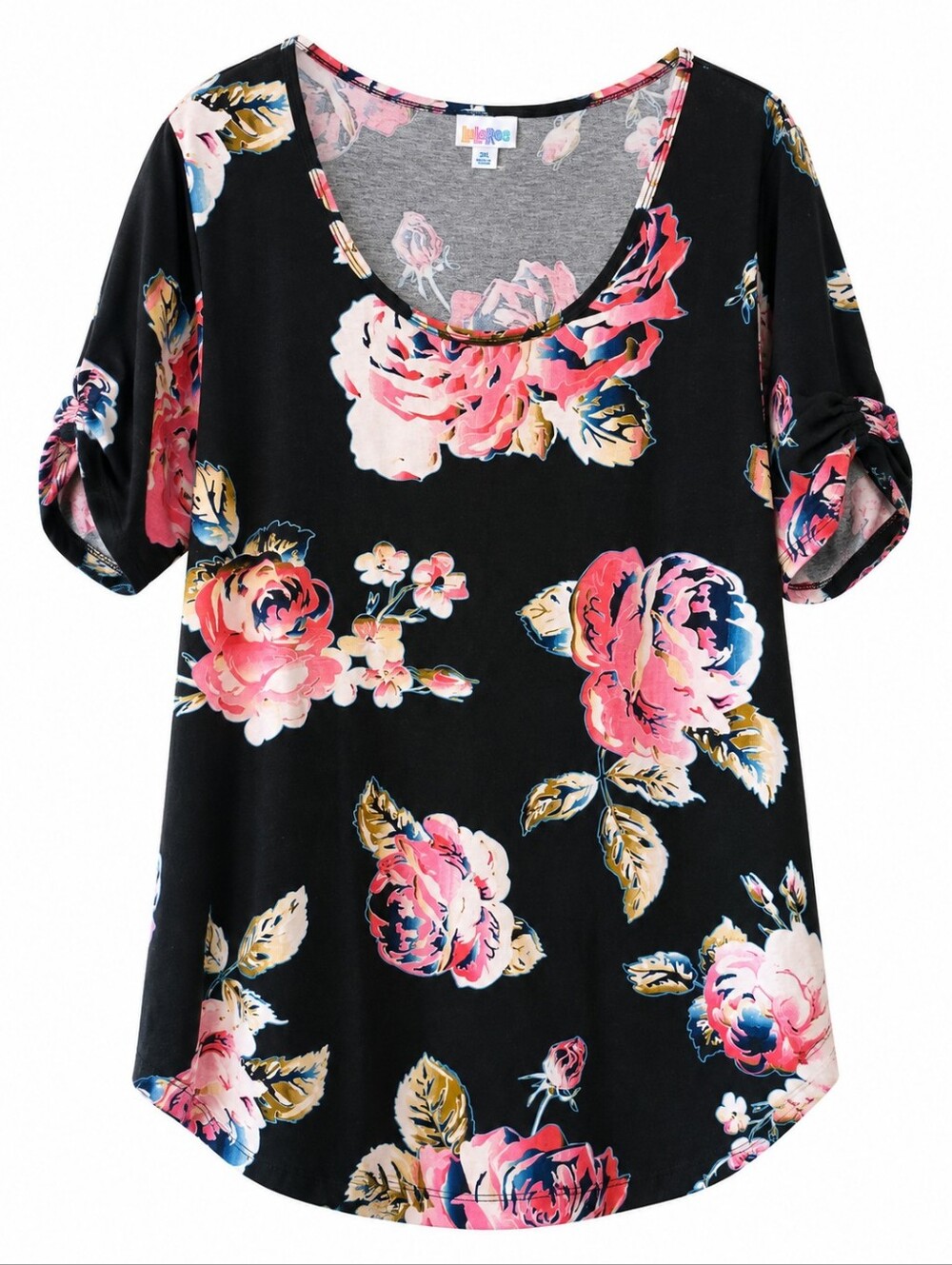 LuLaRoe Black Pink Blue Floral Morgan Short Sleeve Size XL